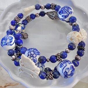 QVC BJ925 Lapis & Ceramic Carved Asian Theme Warp Bracelet Sterling Silver